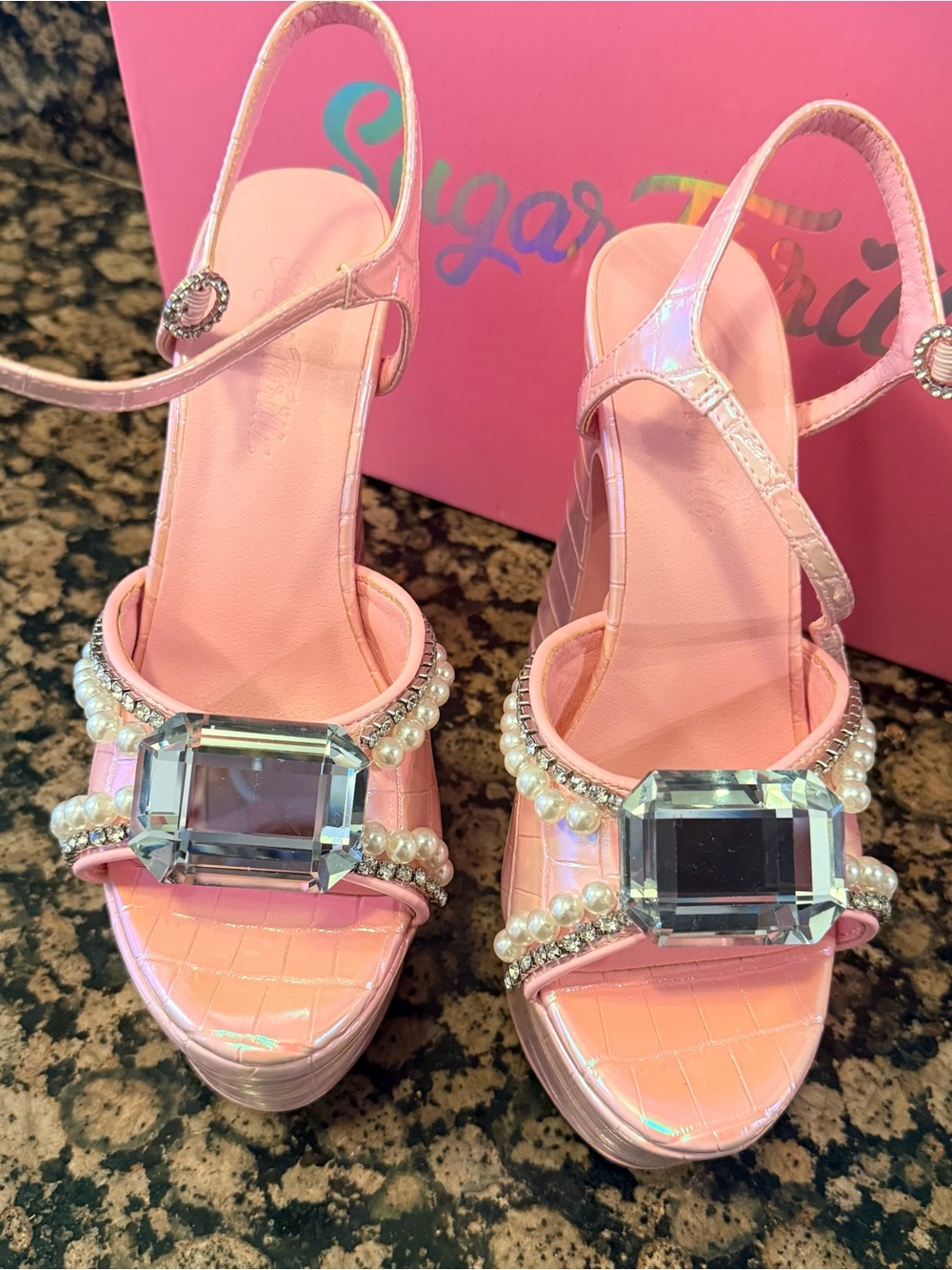 Sugar Thrillz Pink Jeweled Pearl-Trim Platform Sandals